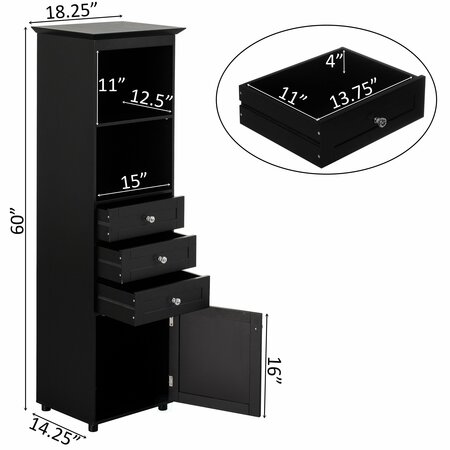 Basicwise Tall Freestanding Linen Tower, Bathroom Cabinet with 2 Open shelves, 3 Drawers, and a Closet, Black QI004611.BK